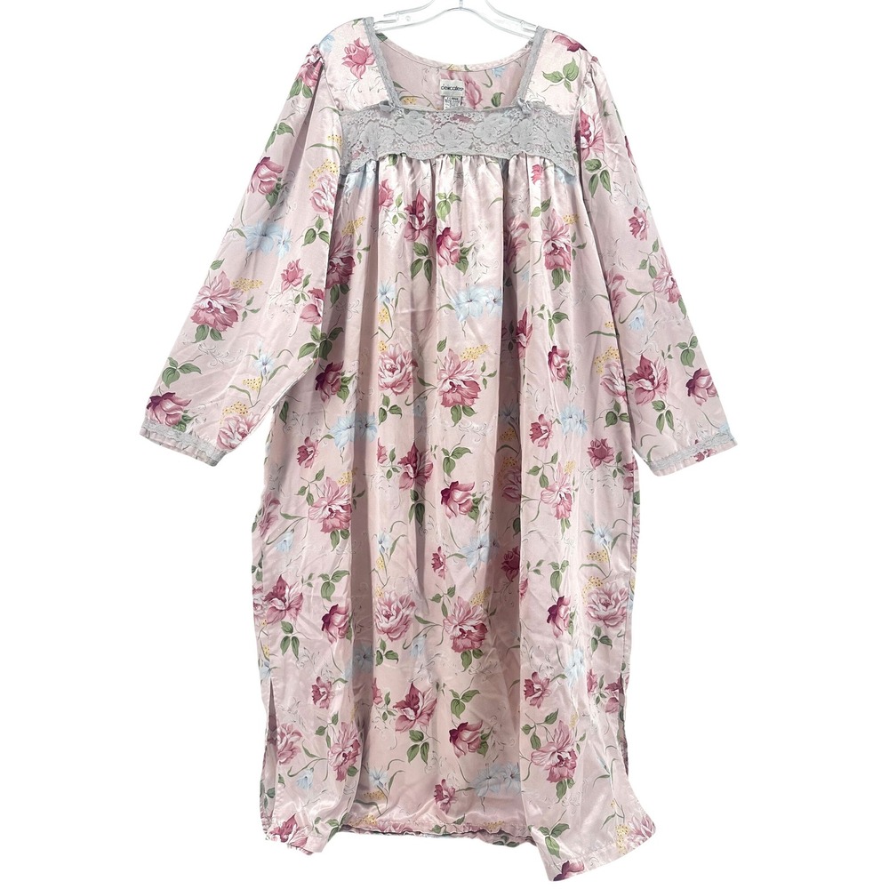 Vintage Delicates Pink Floral Satin Nightgown XL Lace Trim Long Sleeve Sleepwear